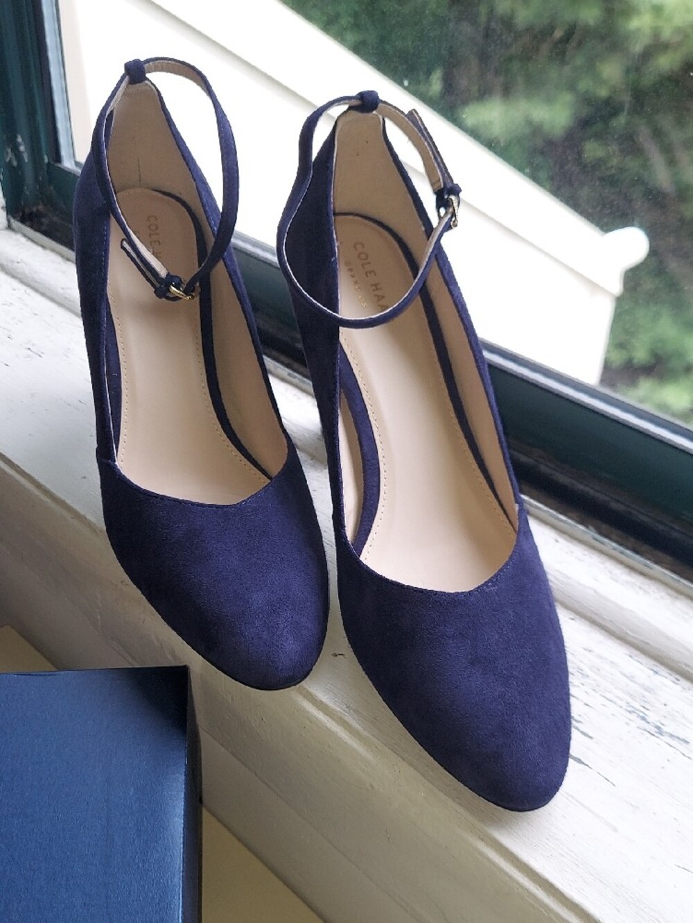 Cole Haan Size 10 Kaelyn Pump Marine Blue Suede Ankle-Strap Block Heels